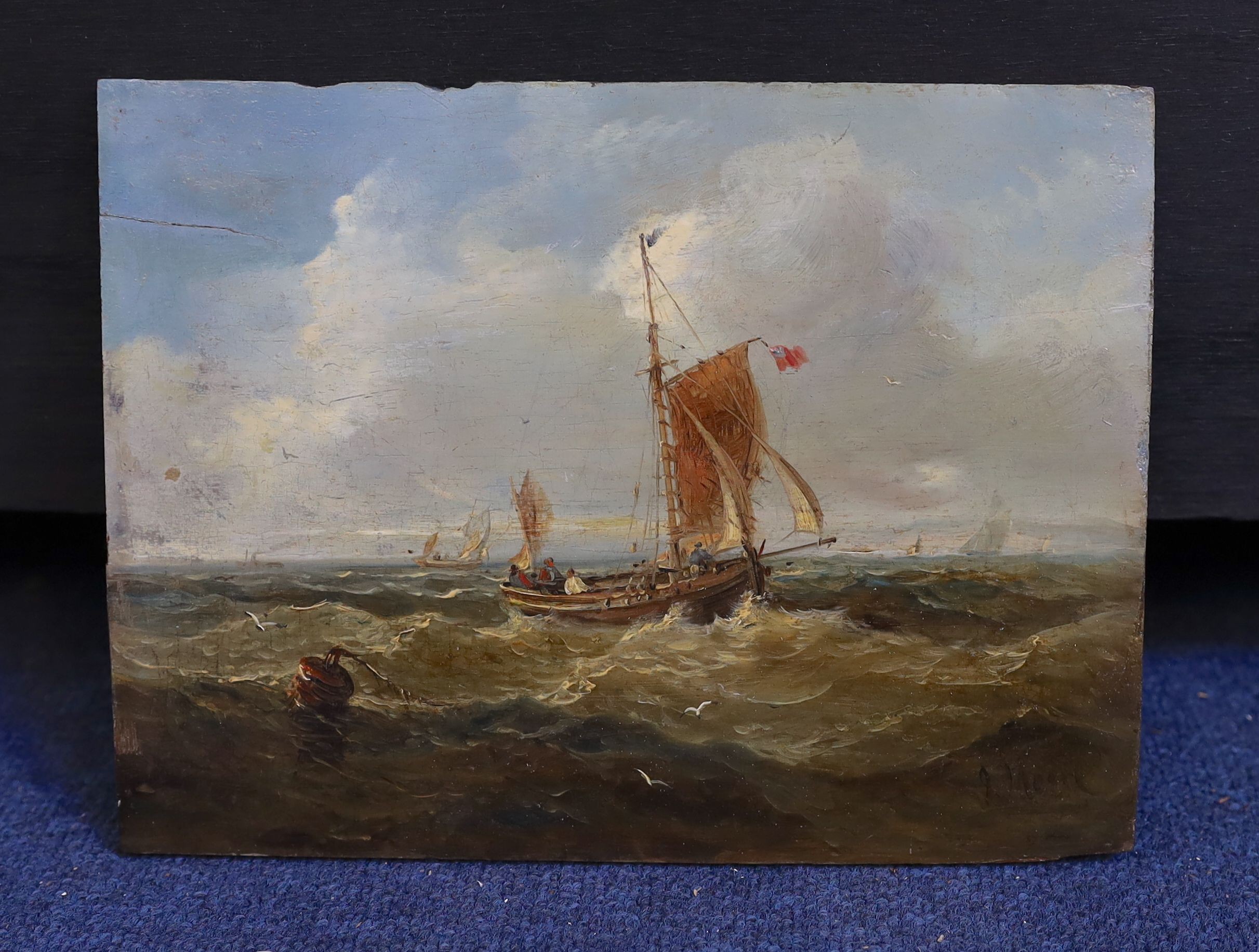 John Moore of Ipswich (1820-1902), Fishing boats off the coast, oil on wooden panel, 18 x 24cm, unframed